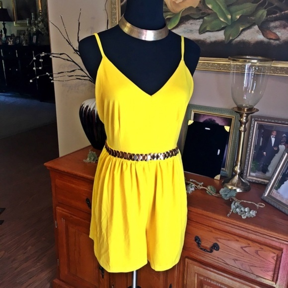 Pants - Women's Open Back Belted yellow & gold Romper
